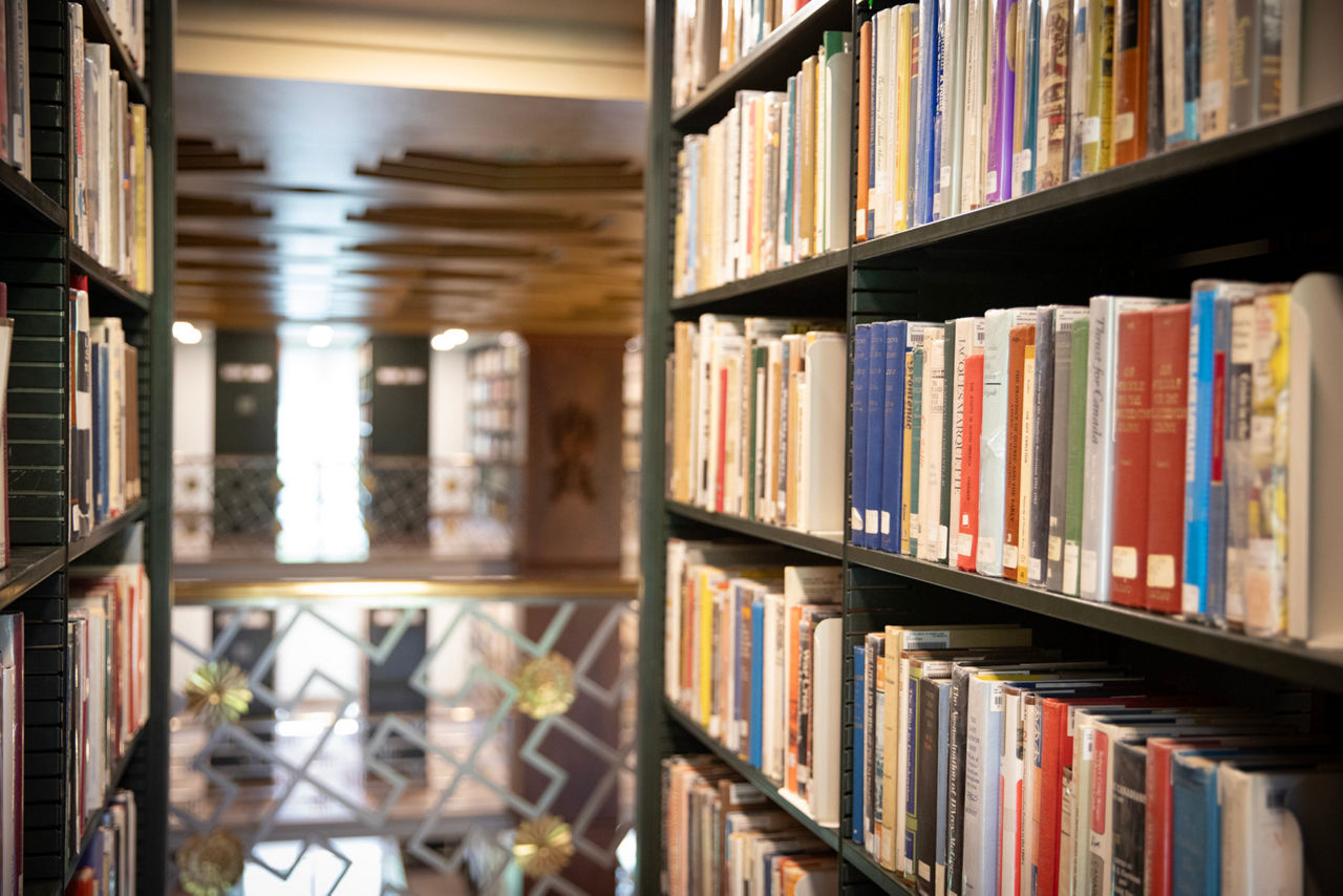 Bookshelf filled with many books. 