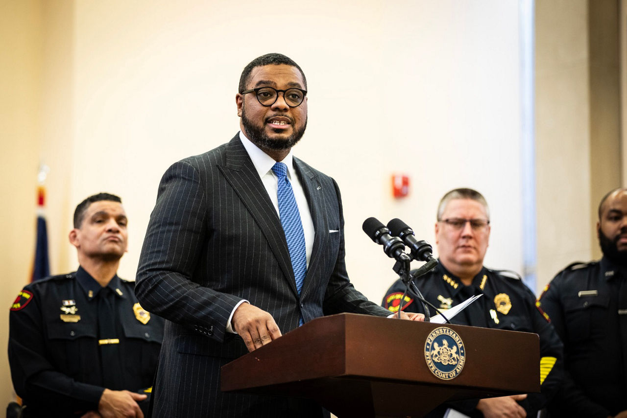 Lt. Gov. Austin Davis joined state and local leaders to highlight more than $11 million in state grants to provide afterschool programming and help make Pennsylvania communities safer at a news conference in Erie, Pennsylvania. Pictured here is a moment from the event. In attendance were State Sen. Dan Laughlin; State Rep. Patrick Harkins; Erie County Executive Brenton Davis; Erie Mayor Joe Schember; Erie Police Chief Dan Spizarny; Erie Police Lt. Tom Lenox, PAL program coordinator; Lt. Governor Austin Davis.