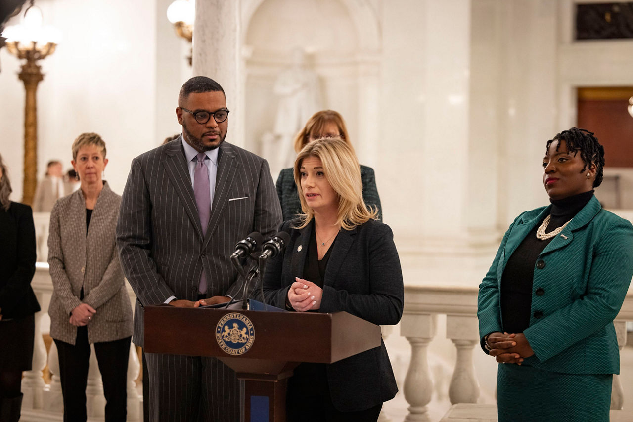 Senator Katie Muth highlights a $2.5 million federal award to establish a new statewide sexual assault kit tracking system to transform the Commonwealths ability to support survivors of sexual violence, in Harrisburg, PA on January 27, 2025.