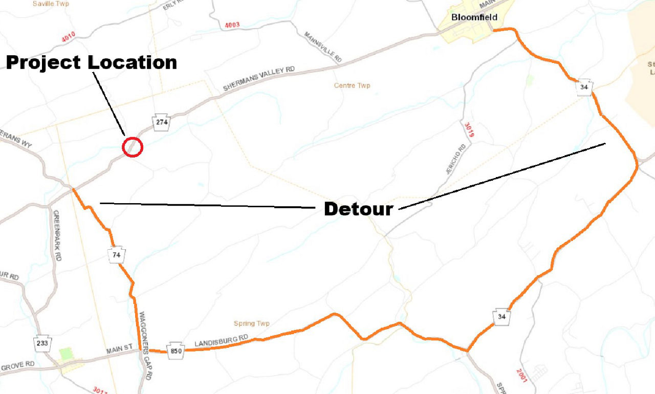 Location of Route 274 bridge replacement project and detour route in Perry County.