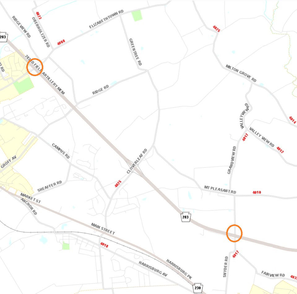 Location of Elizabethtown Road and Snyder Road bridges over Route 283 in Lancaster County.