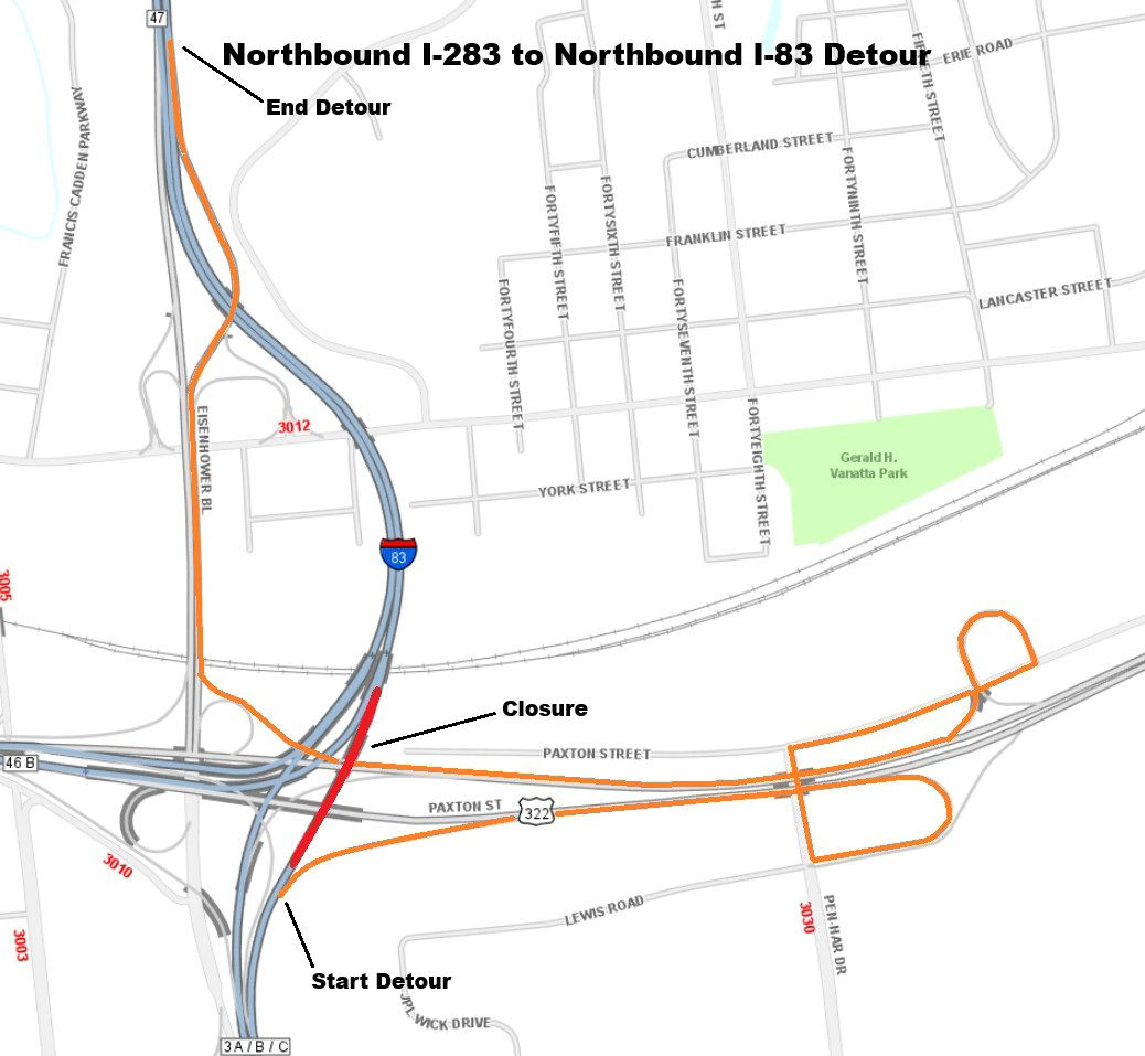 Northbound I-283 to northbound I-83 detour.