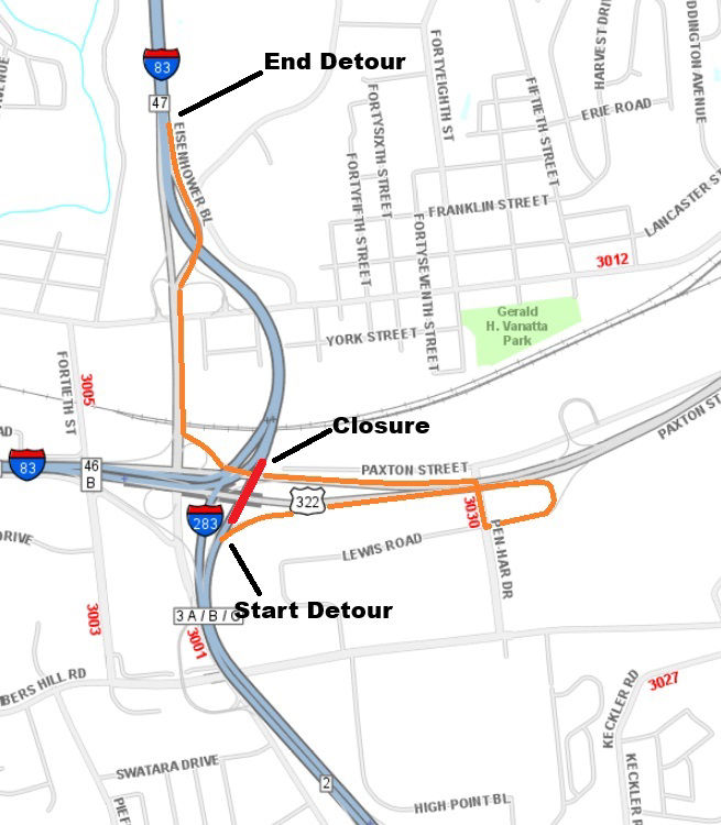 I-283 to I-83 closure and detour route.