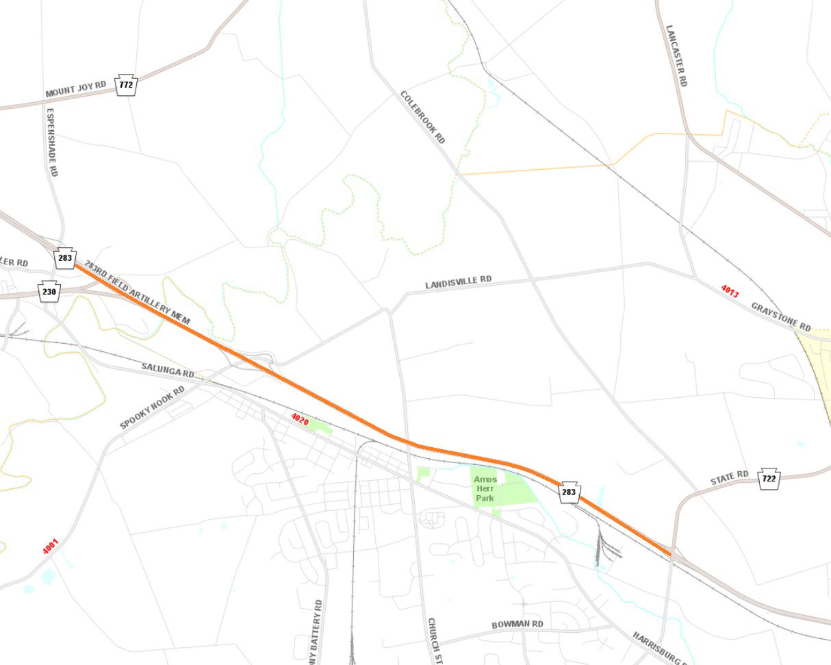 Line on map shows location of Route 283 concrete patching and spall repairs in Lancaster County.