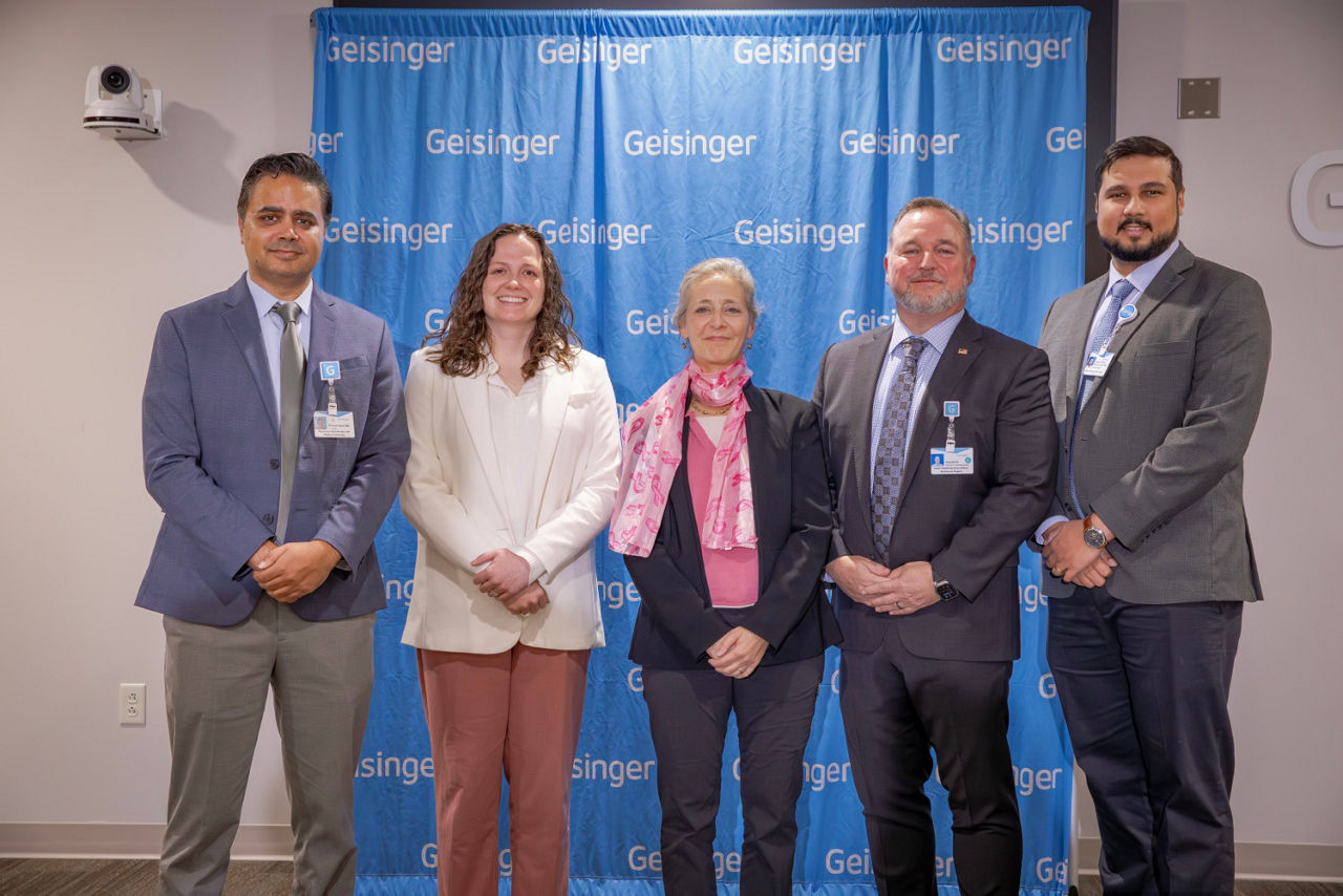 Picture of Dr. Ahmad Hanif, Division Chief of Hematology and Oncology at Geisinger's Northeast Region; Caroline Beohm, Pennsylvania Insurance Department’s Policy Director; Dr. Debra Bogen, Pennsylvania Secretary of Health; Ron Beer, Geisinger Northeast Region Chief Administrative Officer and; Dr. Biplab Bhattacharya, Program Director for Data Science at Geisinger