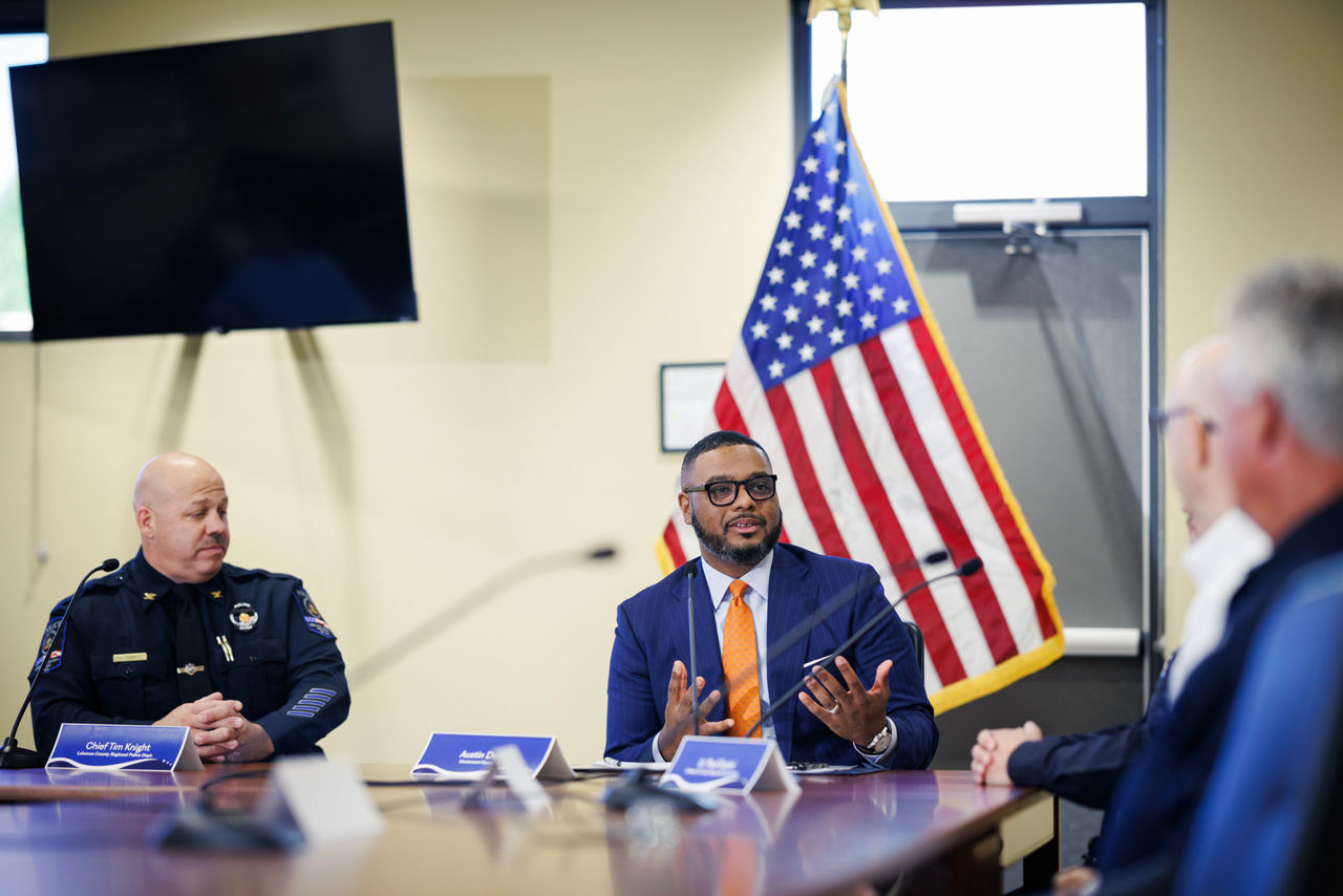 Lt. Gov. Austin Davis joins local officials and law enforcement officers to discuss investments in community safety at a roundtable conversation in North Cornwall Township Building Lebanon, PA.