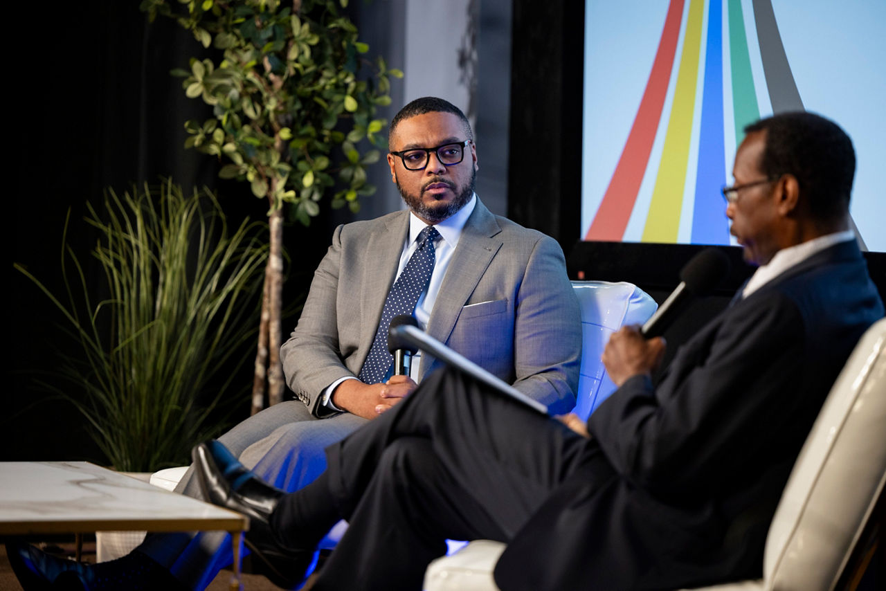 Lieutenant Governor Austin Davis attends the Safer Together Forum, hosted by The Trace, a non-profit newsroom dedicated to investigating gun violence. Trace reporter Mensah Dean speaks with the Lieutenant Governor about making Pennsylvania communities safer, in Philadelphia, PA on November 18, 2025.