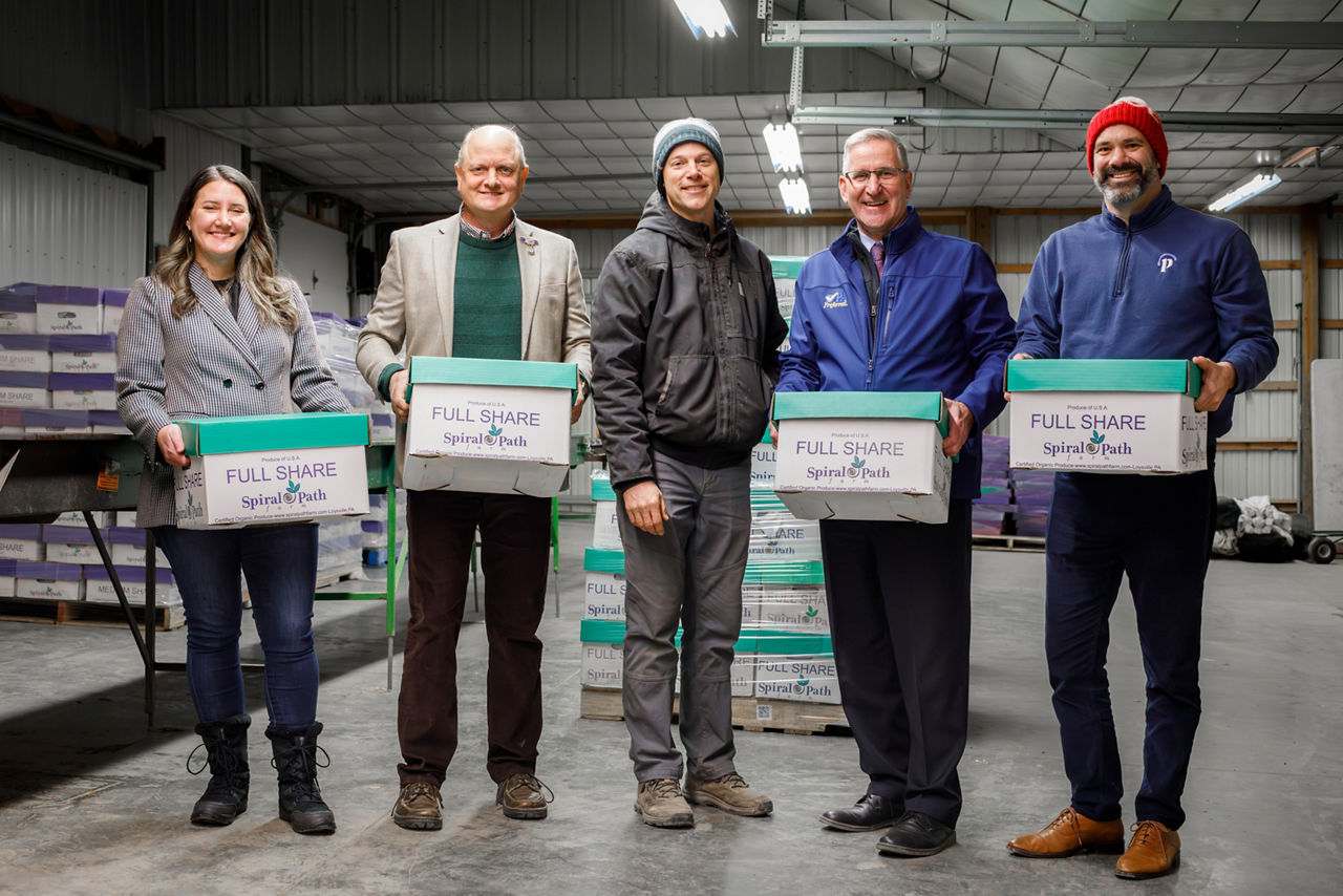 Pennie Executive Director Devon Trolley, Pennsylvania State Grange President Matt Espenshade, Spiral Path Farms owner Will Brownback, Pennsylvania Department of Agriculture Secretary Russell Redding, and ennsylvania Insurance Commissioner Michael Humphreys at Spiral Path Farms, Loyville, Pa.