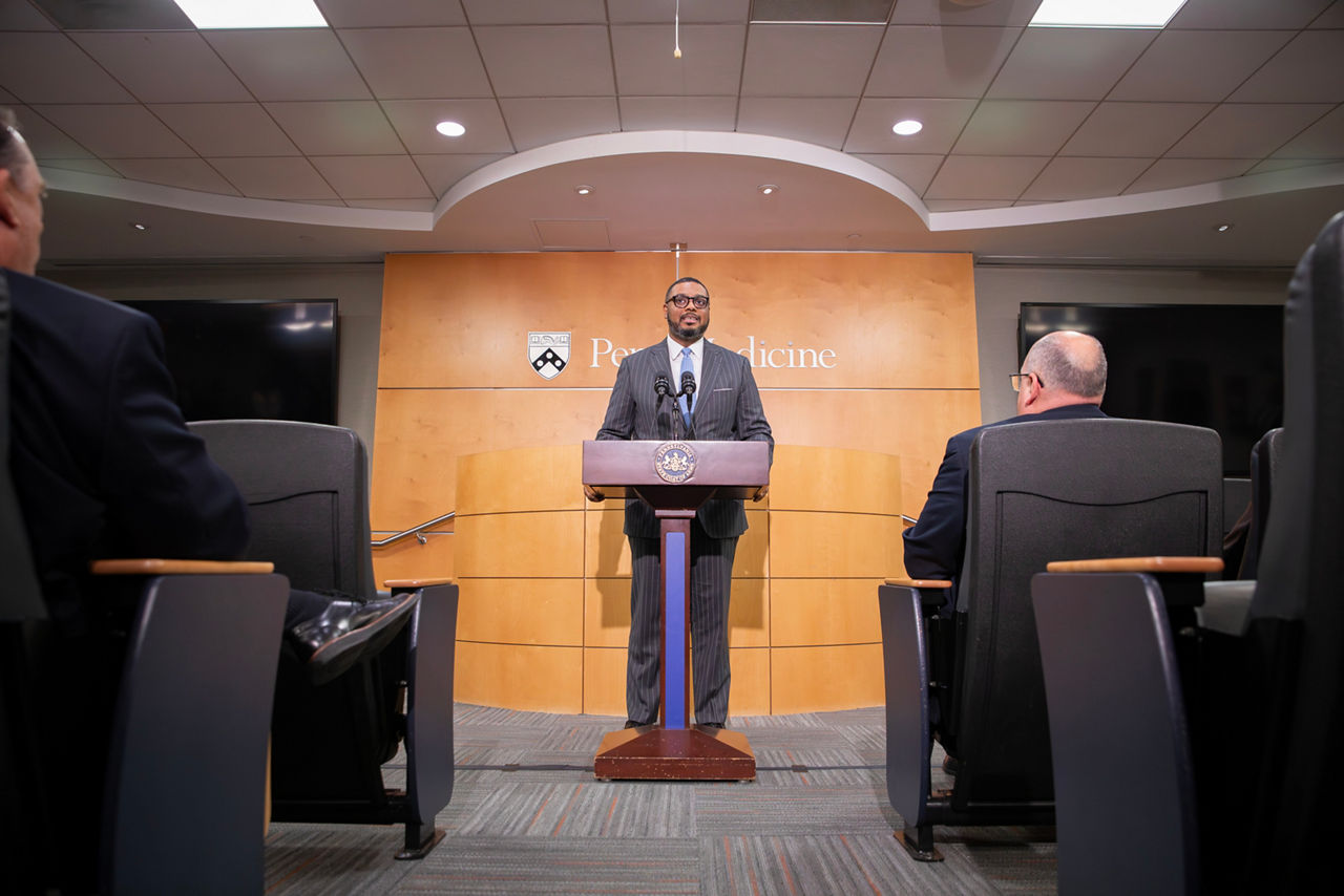 Philadelphia, PA. Lt. Governor Austin Davis speaks during Wednesday’s press conference.  Lt. Governor Davis announced nearly $3 million in grants for hospital-based violence intervention programs at a news conference hosted at Penn Presbyterian Medical Center.  The Shapiro-Davis Administration is continuing to invest in evidence-based strategies to reduce gun violence and make Pennsylvania’s communities safer.  Since 2022, Pennsylvania has seen a 35 percent reduction in homicides.  In Philadelphia, there has been a 15 percent decrease in homicides this year, compared to 2024. December 10, 2025.