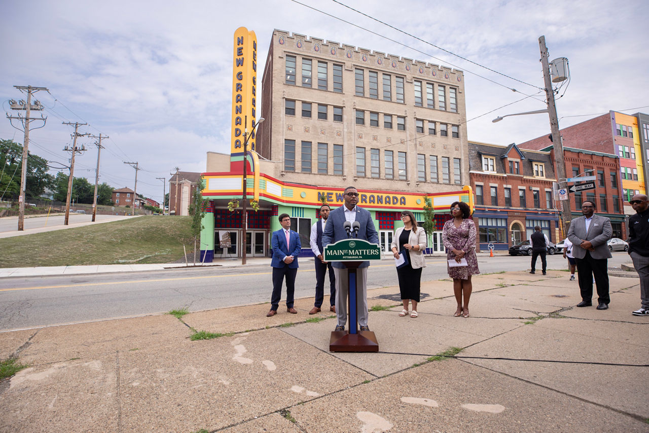 Pittsburgh, PA.  Lt. Governor Austin Davis speaks during Friday’s event.  At a press conference in the Hill District, Lt. Gov. Austin Davis joined local and community leaders to highlight the completion of phase one and the start of phase two of the historic New Granada Theater’s revitalization, supported by the Main Streets Matters program. This initiative was created by the Shapiro-Davis Administration as part of the fiscal year 2024 to support physical improvements to both designated and other communities that are undertaking revitalization to restore downtowns and residential neighborhoods.  July 10, 2026.
