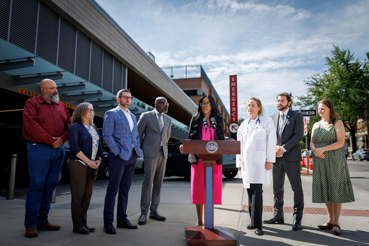 Pennsylvania Department of Drug and Alcohol Programs Secretary Dr. Latika Davis-Jones speaks during a news conference outside the emergency department at Lancaster General Hospital in Lancaster, Pa., on Tuesday, Aug. 4, 2026. The event highlighted the Shapiro Administration's Warm Handoff Program, which connects overdose survivors to treatment and recovery support following a substance use crisis.