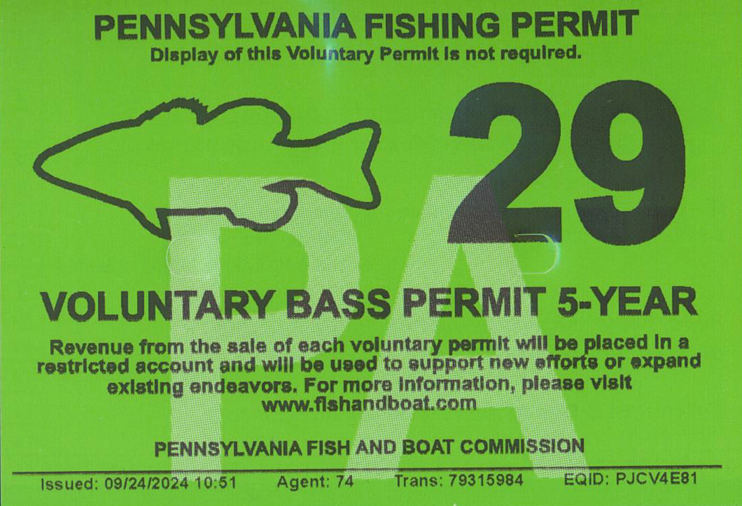 Photo of a 2029 5-year Voluntary Bass Permit 