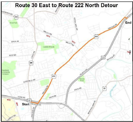 Route 30 east to Route 222 north.