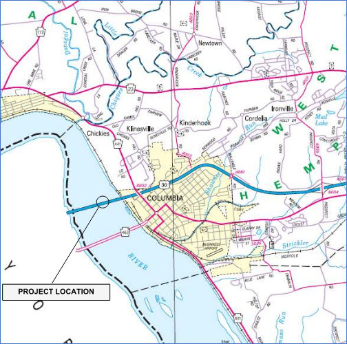 Map shows location of Route 30 Wrights Ferry Bridge in Lancaster and York counties.
