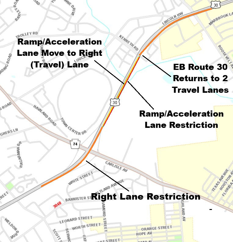 Lane restrictions on eastbound Route 30 in York County.