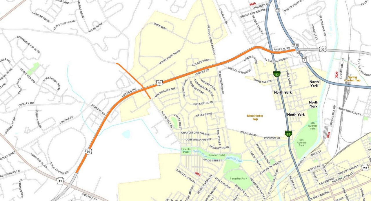 Map shows location of roadwork on Route 30 and Roosevelt Avenue in York County.