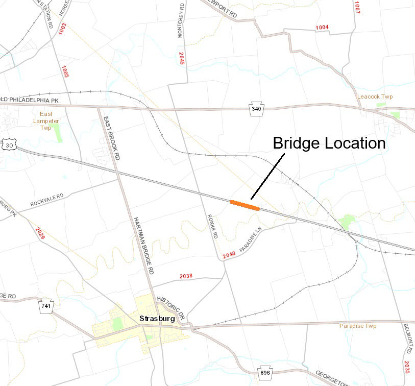 Map shows the location of a bridge replacement project in East Lampeter Township, Lancaster County.