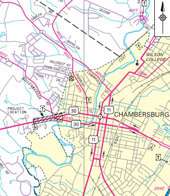 Map shows location of Route 30 (Lincoln Way) safety improvements in Franklin County.