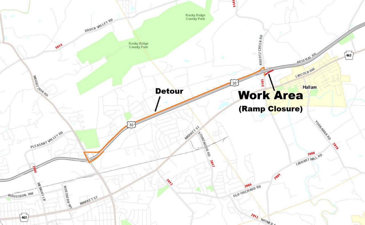 map indicating project location and detour route