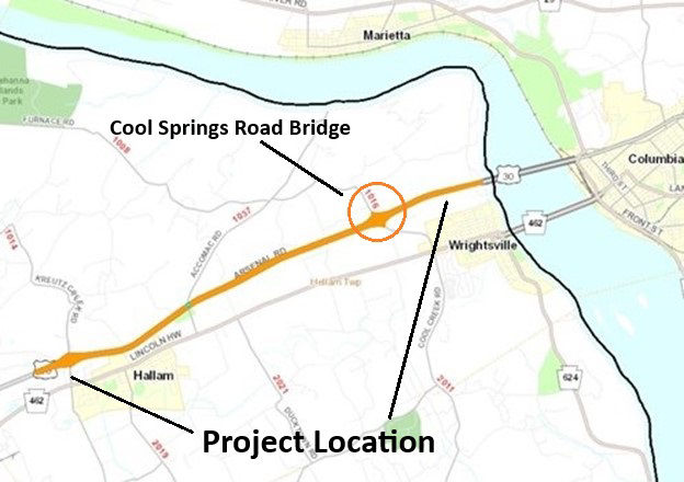 Map shows location of milling and concrete patching on Route 30 in York County.