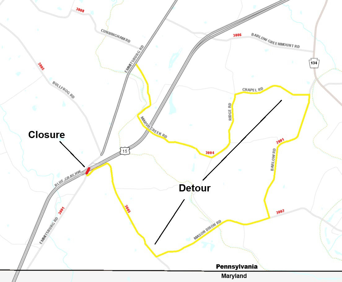 Location of Emmitsburg Road bridge over Route 15 in Adams County.