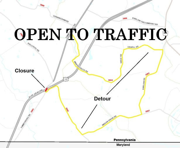 Image shows the Emmitsburg Road bridge over Route 15 near Gettysburg is open to traffic.