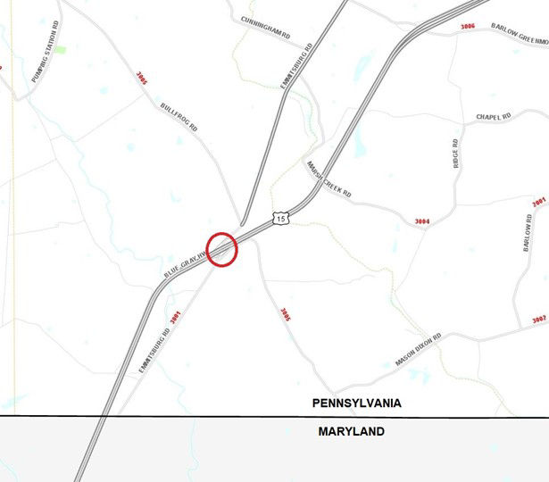 Location of Emmitsburg Road bridge over Route 15 in Adams County.