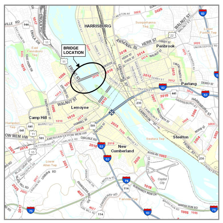 map indicating bridge location