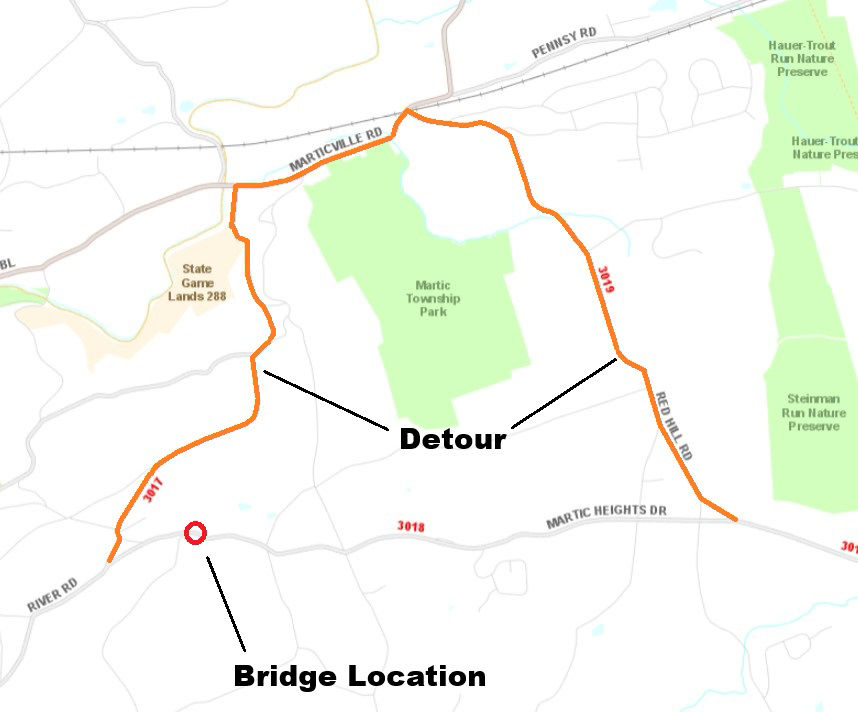 Location of bridge replacement project on Martic Heights Drive in Lancaster County.