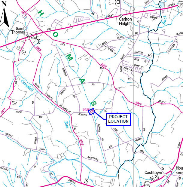 Map shows location of Rolling Road culvert replacement project in Franklin County.