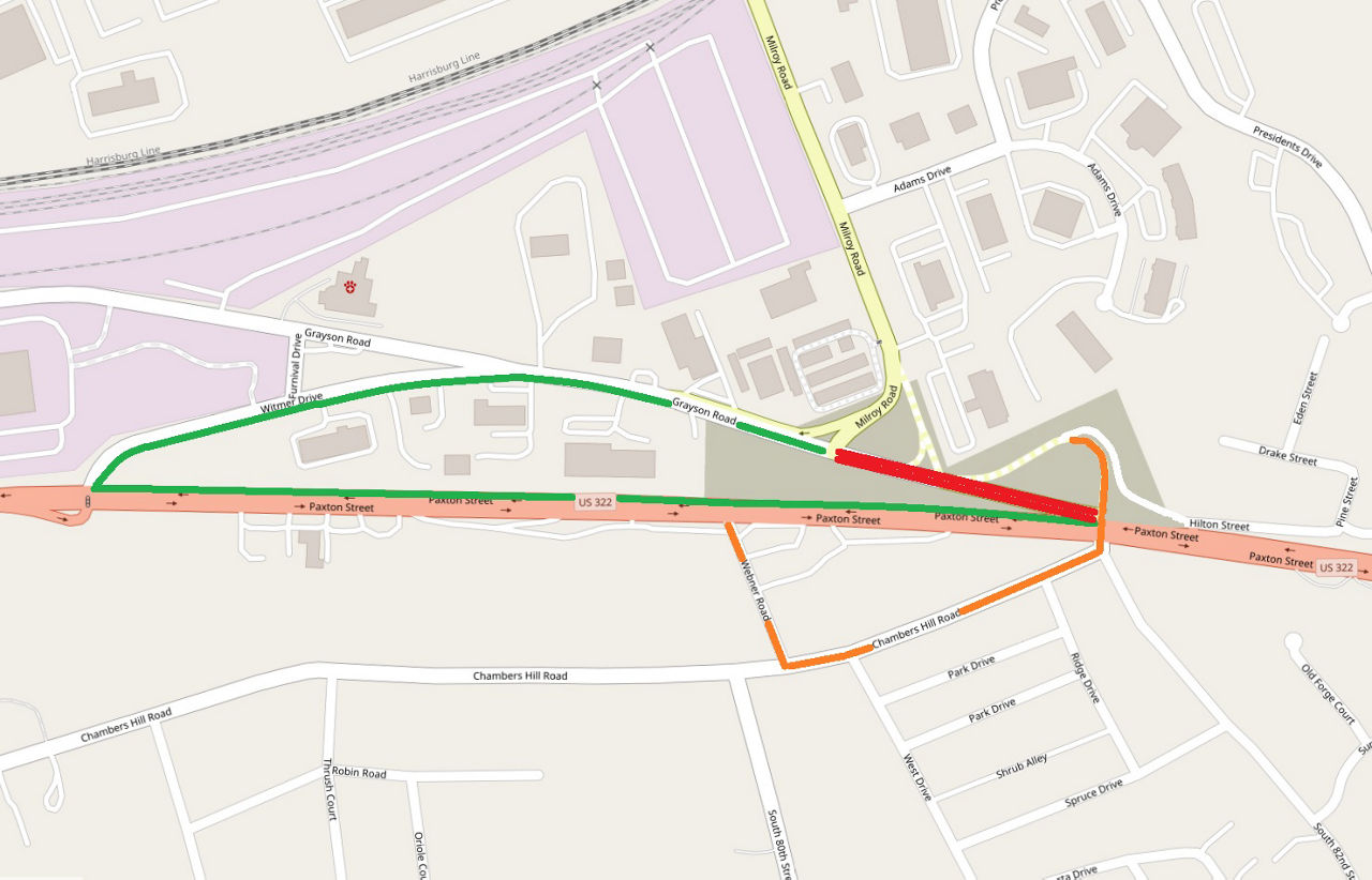 Red line on map shows location of Milroy Road closure at Route 322 and Chambers Hill Road on Dauphin County. Green line and orange line show detours for westbound Route 322 to Milroy Road and eastbound Route 322 to Hilton Street, respectively.