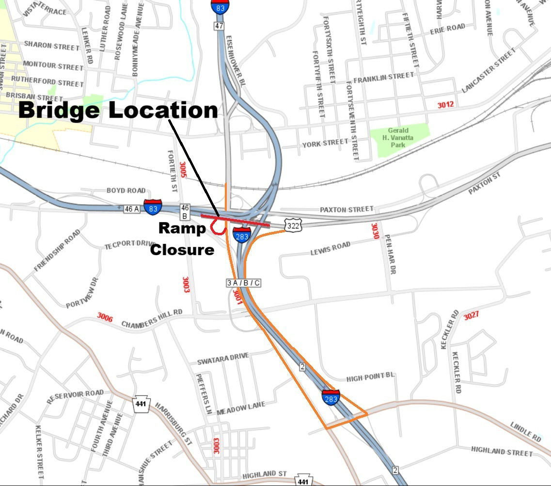 map indicating bridge location and ramp detour route