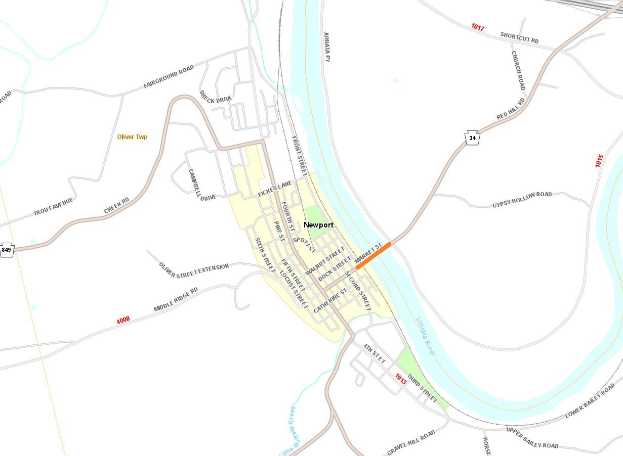 Map shows location of deck patching on Route 34 bridge over Juniata River in Perry County.