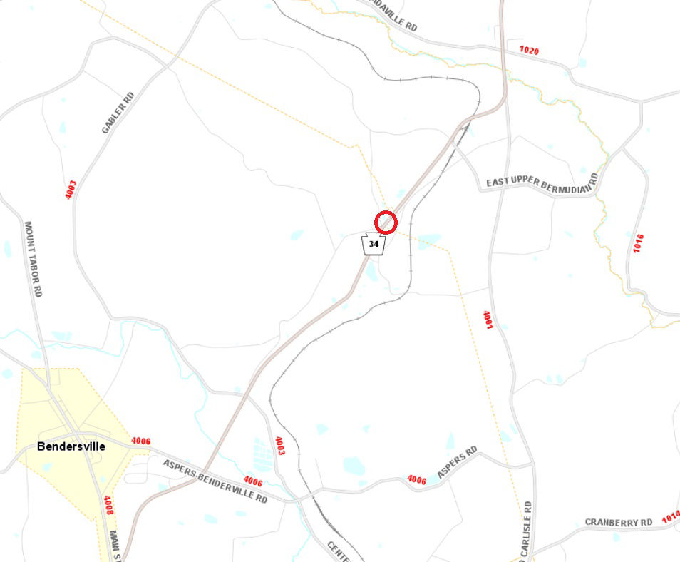 Image shows the location of Route 34 bridge replacement project in Adams County.