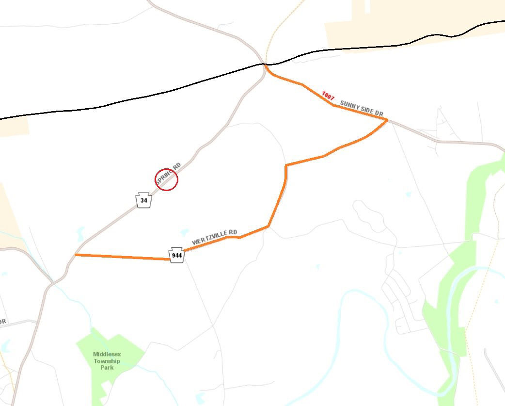 Location of Route 34 Spring Road bridge in Cumberland County.