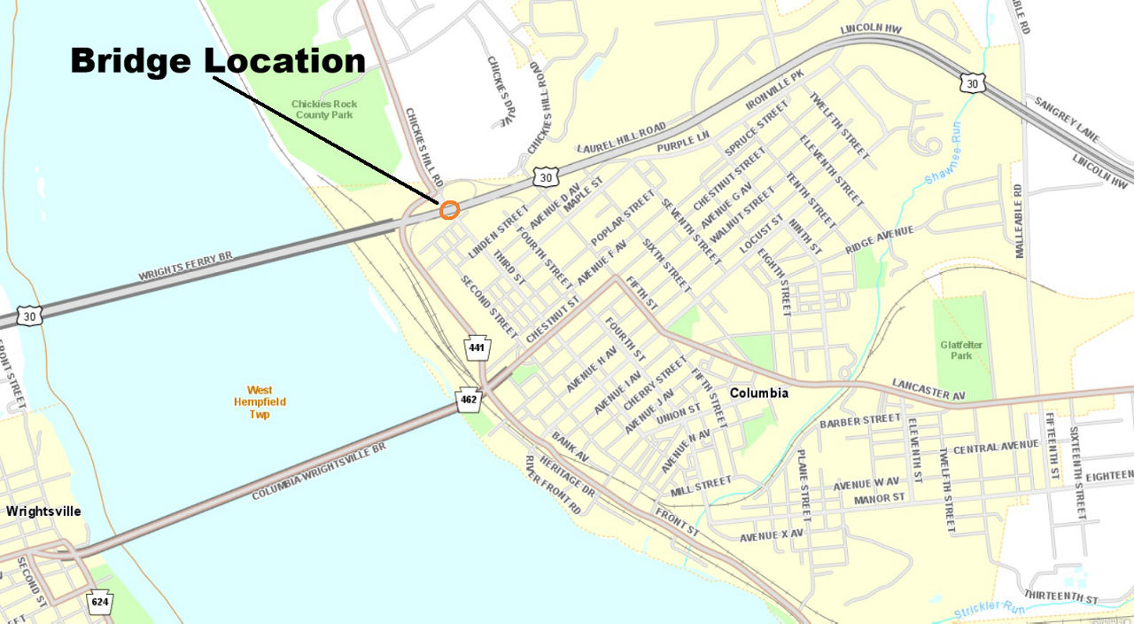 map indicating bridge location