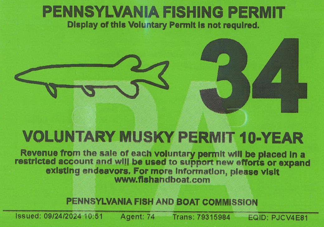 Photo of a 2034 10-year Voluntary Musky Permit