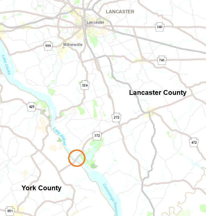 Location of Route 372 Norman Wood Bridge between Lancaster and York counties.