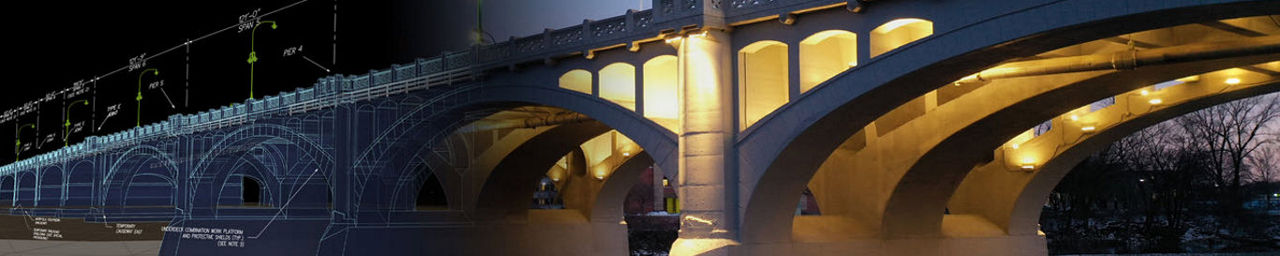 A horizontal image showing a 3D bridge model at the left, and slowly transitions seamlessly into an image of the actual completed bridge on the right.