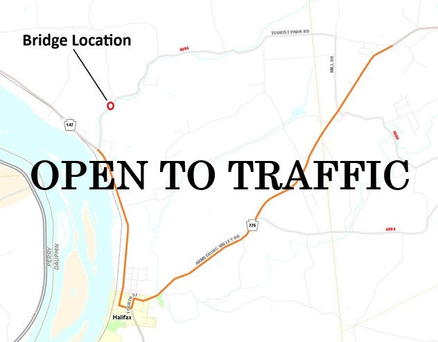 The bridge on Tourist Park Road (Route 4006) in Halifax Township, Dauphin County, is open to traffic. 