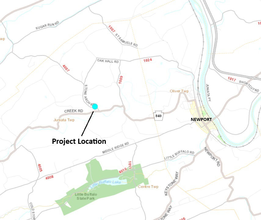 Image shows location of Stone Arch Road bridge project in Perry County.