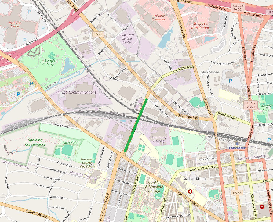Line on map shows location of weight restricted bridges on Dillerville Road in Lancaster County.