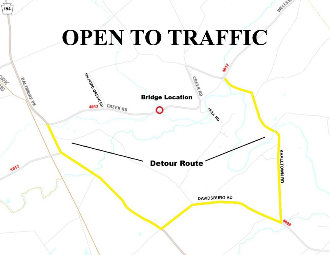 Image shows location of Creek Road bridge with the words Open to Traffic