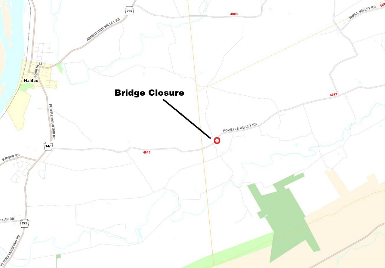 Map shows location of closed bridge on Powells Valley Road in Wayne Township, Dauphin County. 