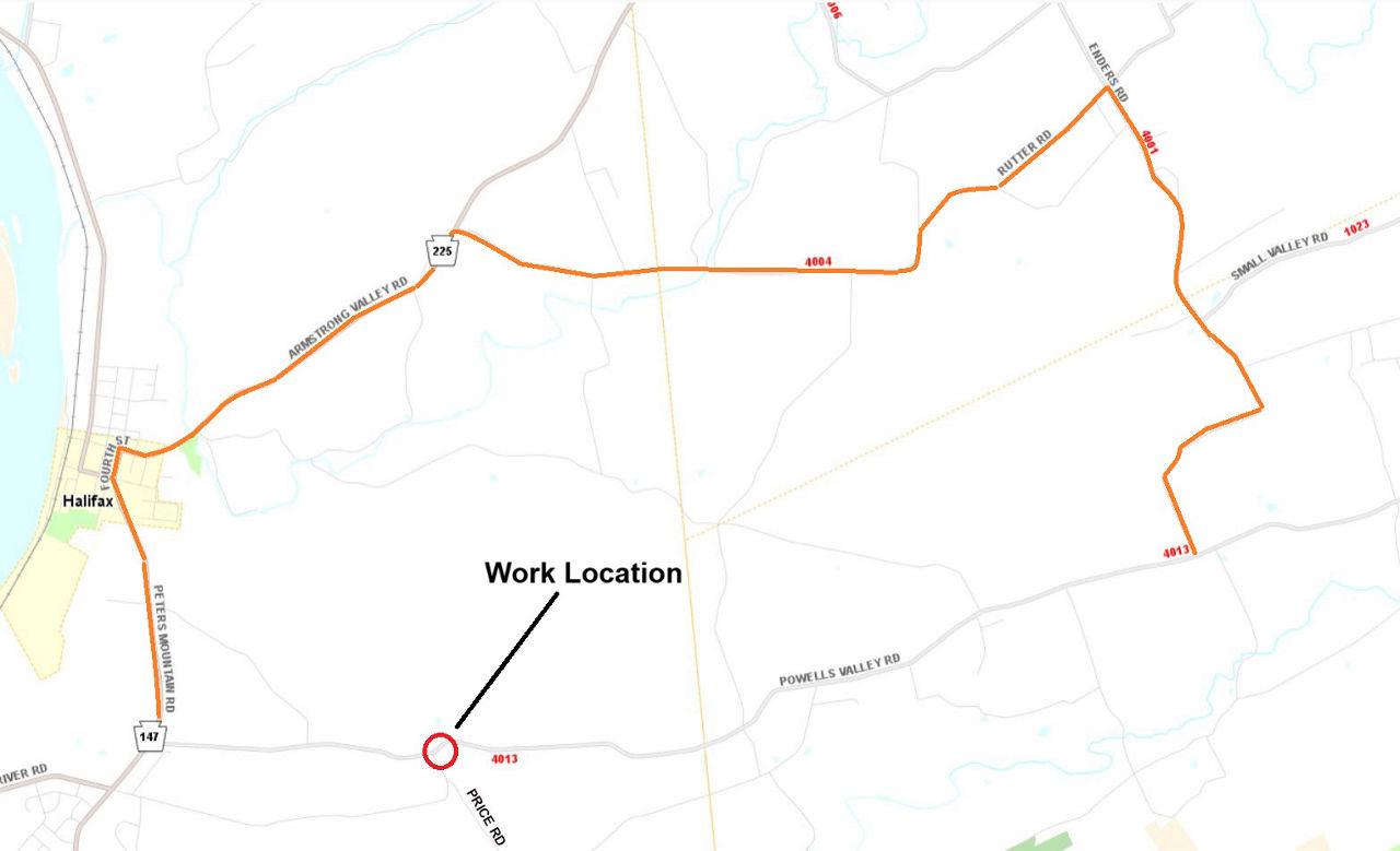 Map shows location of small bridge project on Powells Valley Road in Dauphin County.