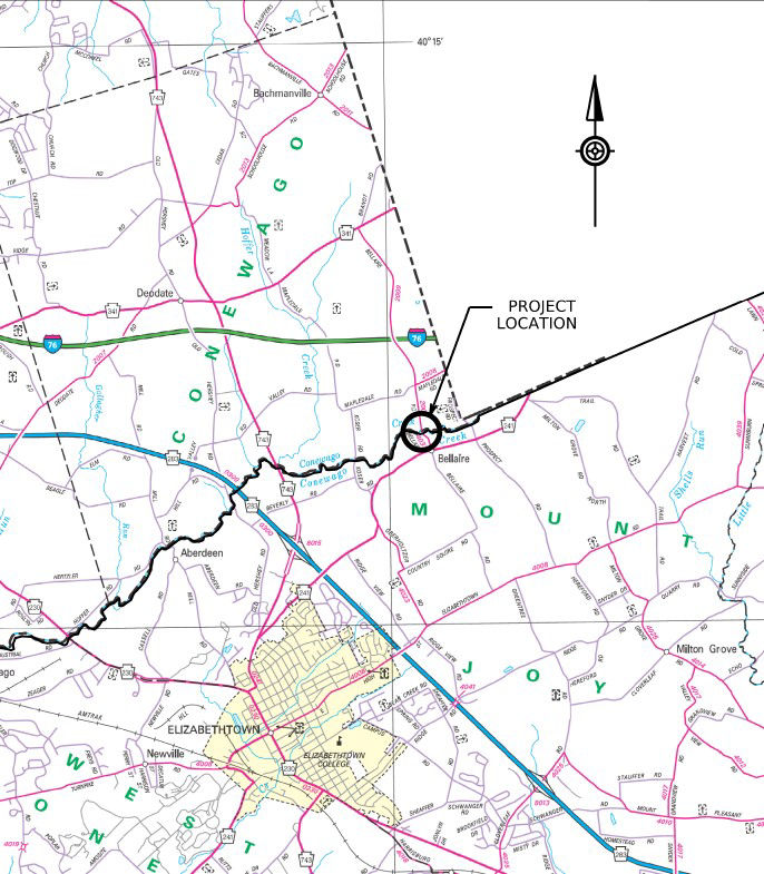 Location of Bellaire Road bridge preservation project in Dauphin and Lancaster counties.