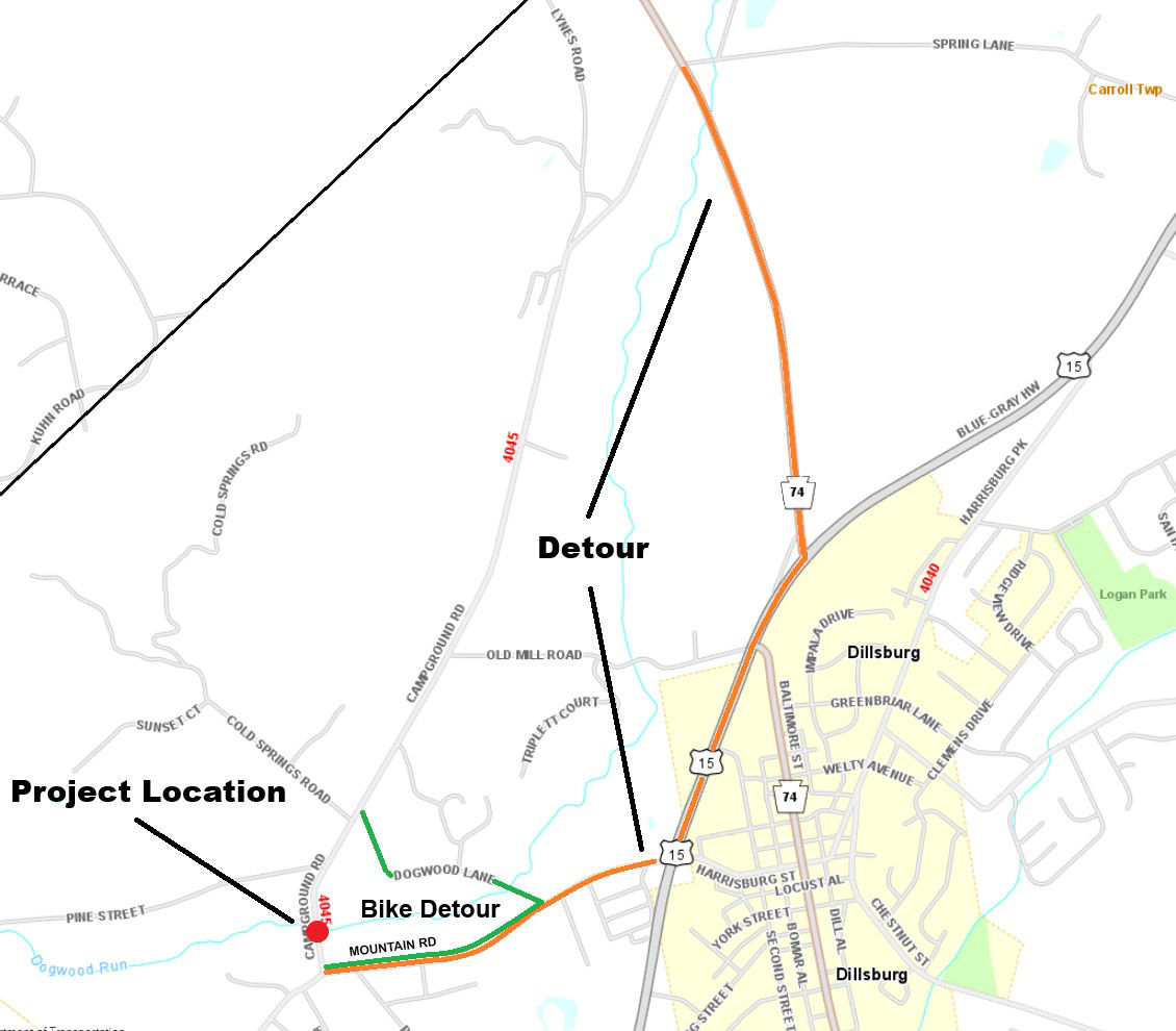 Map shows location of project in Campground Road in York County. It shows work limits and separate detours for vehicles and bicycles. 