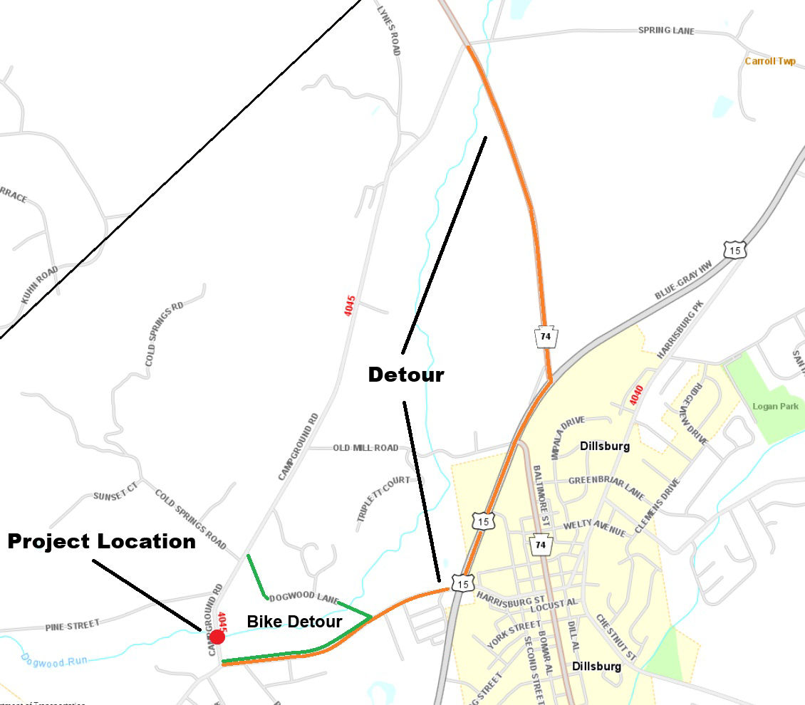 Location of Campground Road bridge replacement. Graphic also shows separate vehicle and bicycle detours. 
