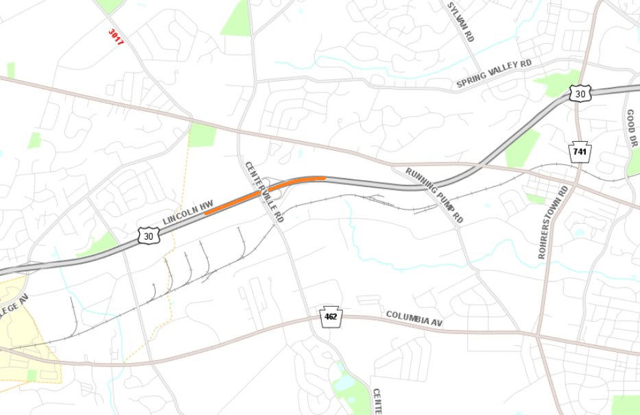 Location of Route 30 lane restrictions at Centerville Road Interchange in Lancaster County