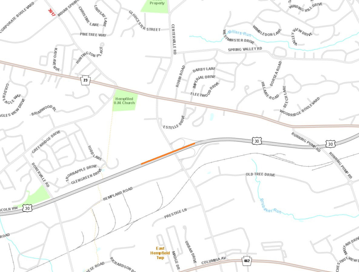 Location of pipe work along westbound Route 30 at Centerville Road in Lancaster County.
